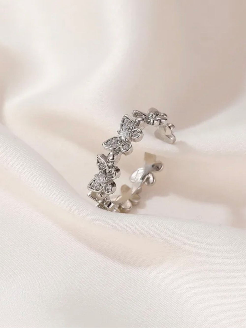 Sparkling Butterfly Open Silver Ring - Dainty Floral Band